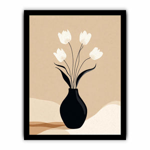 Neutral tulip vase canvas art with black vase and white flowers for calm bedroom decor.