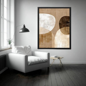 Neutral abstract canvas art with earthy circles and textured shapes for modern living room decor.