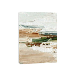 Textured coastal abstract canvas art with soft ocean and sand tones for serene bedroom decor.