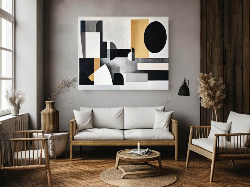 Abstract geometric black and gold canvas art for modern living room decor.