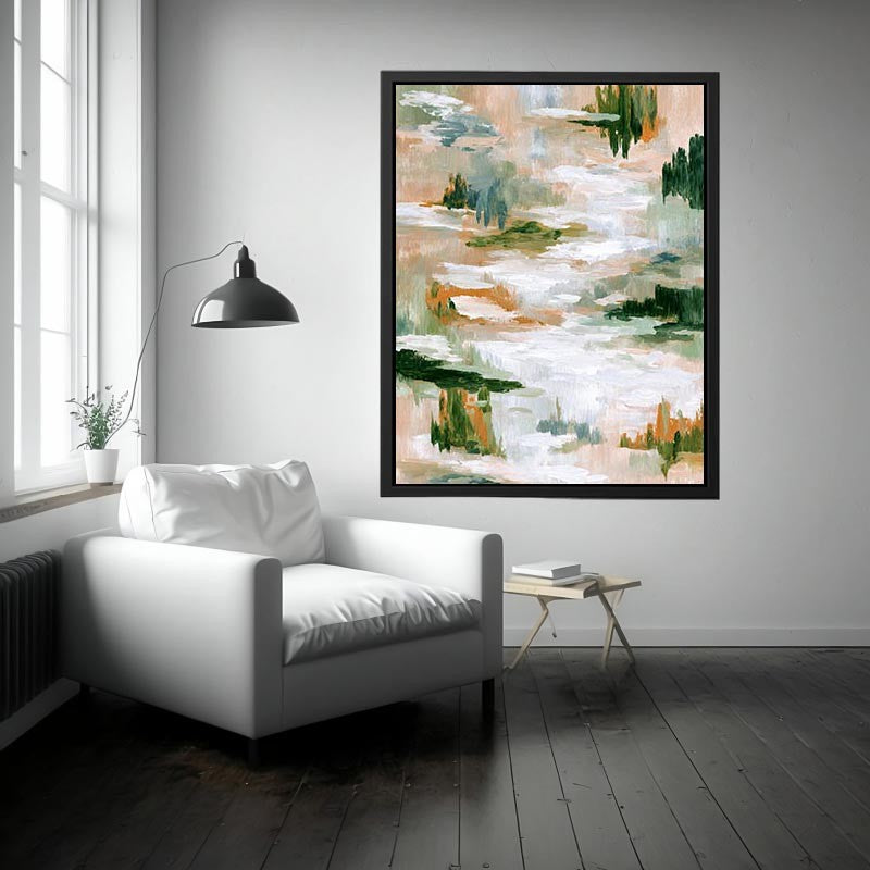 Sage green abstract canvas art with layered brushstrokes for fresh modern living room decor.