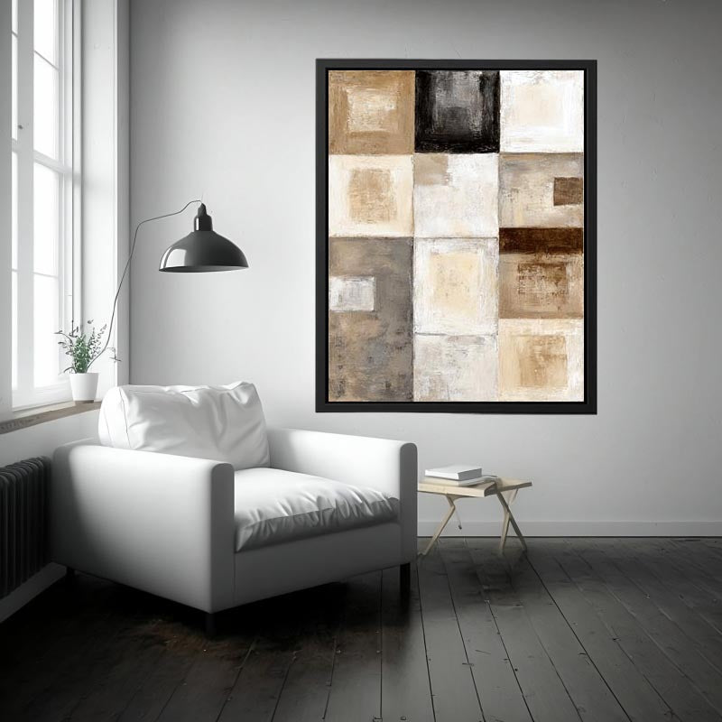 Neutral geometric abstract canvas art with textured blocks for modern office or living room decor.