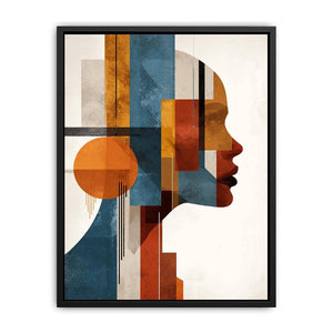 Bold cubist woman profile canvas art with teal and orange geometry for modern living room decor.