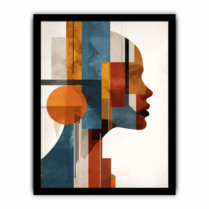 Bold cubist woman profile canvas art with teal and orange geometry for modern living room decor.