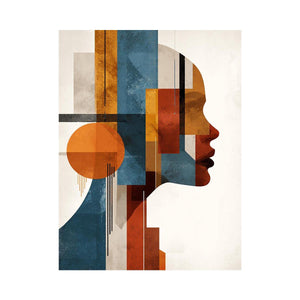 Bold cubist woman profile canvas art with teal and orange geometry for modern living room decor.