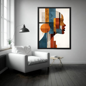 Bold cubist woman profile canvas art with teal and orange geometry for modern living room decor.