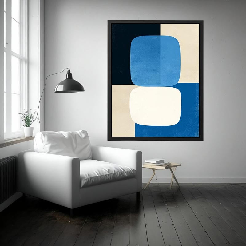 Blue geometric abstract canvas art for modern living room decor.