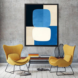 Blue geometric abstract canvas art for modern living room decor.