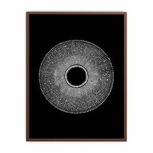 Black and white circular dot abstract canvas art for modern living room decor.