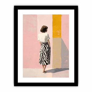 Fashion woman canvas art with pink wall and yellow panel for stylish bedroom decor.
