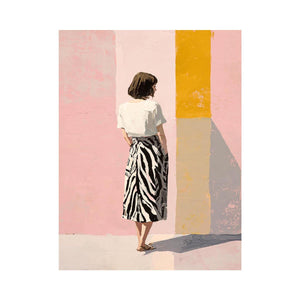 Fashion woman canvas art with pink wall and yellow panel for stylish bedroom decor.