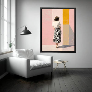 Fashion woman canvas art with pink wall and yellow panel for stylish bedroom decor.