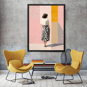 Fashion woman canvas art with pink wall and yellow panel for stylish bedroom decor.