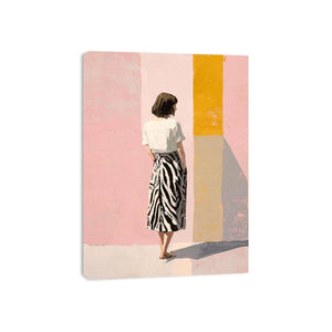 Fashion woman canvas art with pink wall and yellow panel for stylish bedroom decor.