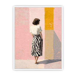 Fashion woman canvas art with pink wall and yellow panel for stylish bedroom decor.