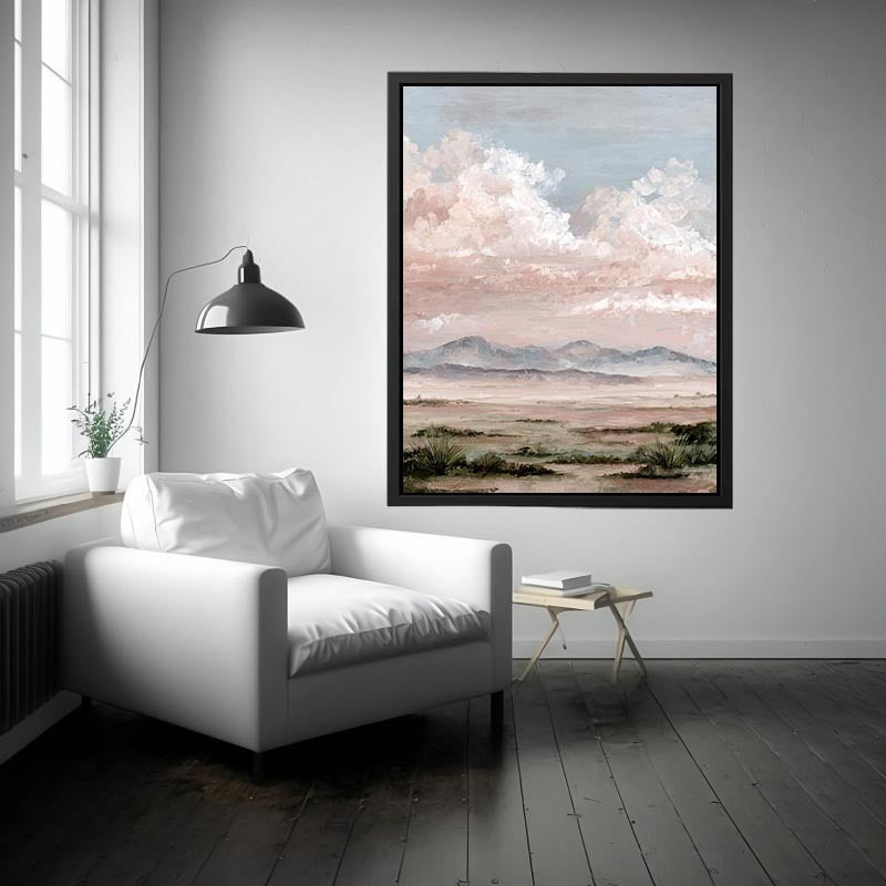 Soft desert landscape canvas art with blush clouds and mountains for calm bedroom decor.