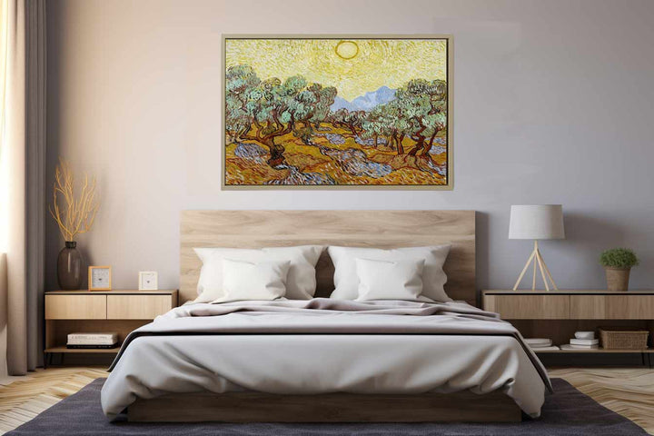Olive Trees / Olive Trees with yellow sky and sun Art Print