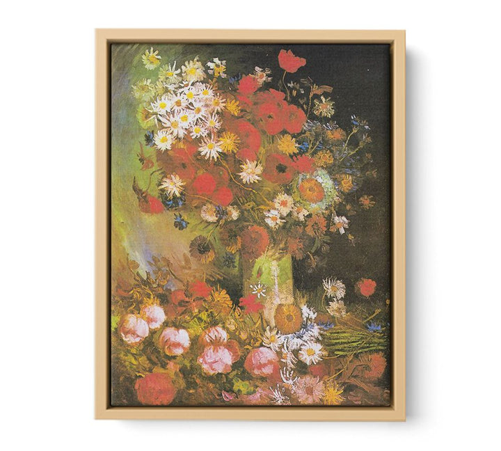 Vase with cornflowers and poppies, peonies and chrysanthemums framed Print