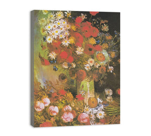Vase with cornflowers and poppies, peonies and chrysanthemums canvas Print
