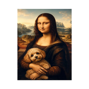 Funny Mona Lisa dog wall art featuring Renaissance inspired portrait with adorable dachshund in whimsical artistic painting style