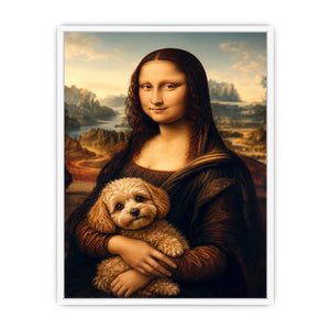 Funny Mona Lisa dog wall art featuring Renaissance inspired portrait with adorable dachshund in whimsical artistic painting style