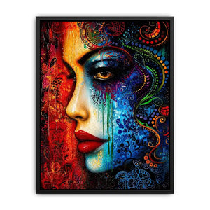 Colorful abstract woman face painting canvas, modern vibrant portrait wall art for living room statement decor