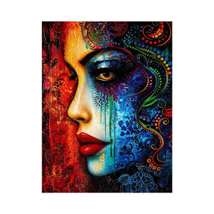 Colorful abstract woman face painting canvas, modern vibrant portrait wall art for living room statement decor