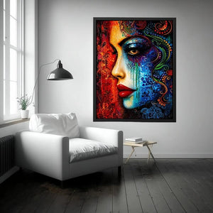 Colorful abstract woman face painting canvas, modern vibrant portrait wall art for living room statement decor