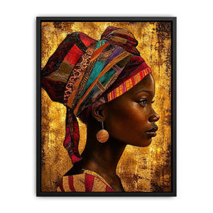African woman profile portrait wall art with headwrap, earthy tones, textured canvas print for luxury modern home decor