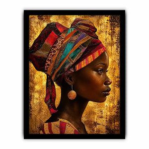 African woman profile portrait wall art with headwrap, earthy tones, textured canvas print for luxury modern home decor
