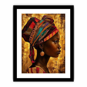 African woman profile portrait wall art with headwrap, earthy tones, textured canvas print for luxury modern home decor