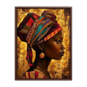 African woman profile portrait wall art with headwrap, earthy tones, textured canvas print for luxury modern home decor