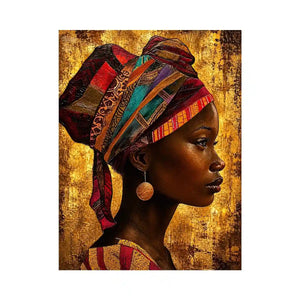 African woman profile portrait wall art with headwrap, earthy tones, textured canvas print for luxury modern home decor