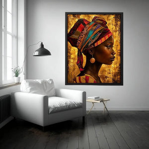African woman profile portrait wall art with headwrap, earthy tones, textured canvas print for luxury modern home decor