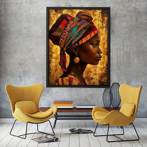 African woman profile portrait wall art with headwrap, earthy tones, textured canvas print for luxury modern home decor