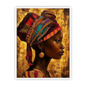 African woman profile portrait wall art with headwrap, earthy tones, textured canvas print for luxury modern home decor