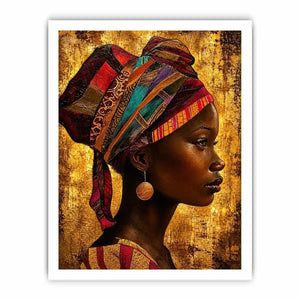 African woman profile portrait wall art with headwrap, earthy tones, textured canvas print for luxury modern home decor