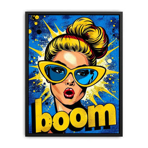 Retro pop art woman with sunglasses boom comic style colorful wall art