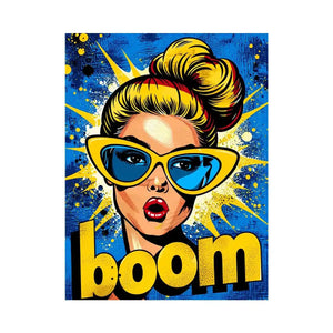 Retro pop art woman with sunglasses boom comic style colorful wall art