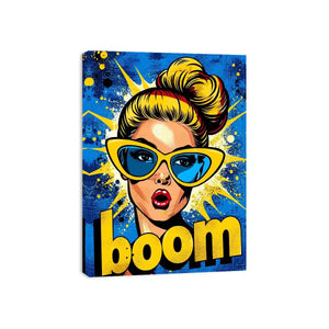 Retro pop art woman with sunglasses boom comic style colorful wall art