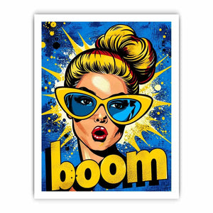 Retro pop art woman with sunglasses boom comic style colorful wall art
