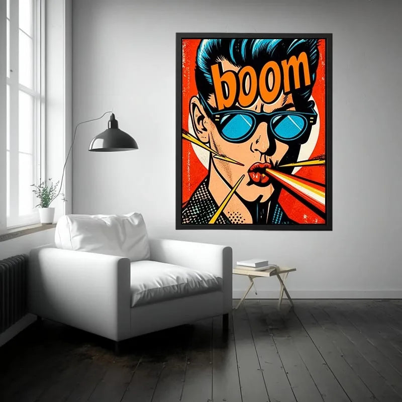 Retro pop art man with sunglasses boom comic style bold wall art canvas