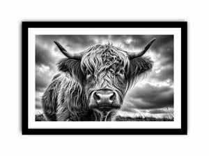 Black and white Highland cow portrait wall art with detailed fur texture and rustic farmhouse aesthetic