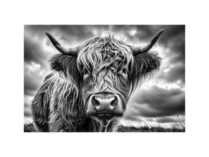 Black and white Highland cow portrait wall art with detailed fur texture and rustic farmhouse aesthetic