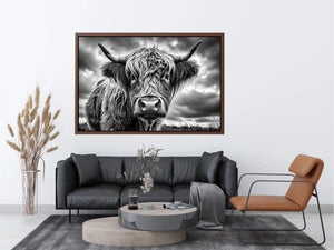 Black and white Highland cow portrait wall art with detailed fur texture and rustic farmhouse aesthetic