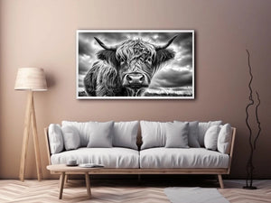 Black and white Highland cow portrait wall art with detailed fur texture and rustic farmhouse aesthetic
