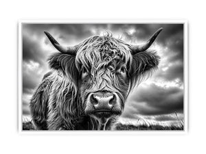 Black and white Highland cow portrait wall art with detailed fur texture and rustic farmhouse aesthetic