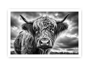 Black and white Highland cow portrait wall art with detailed fur texture and rustic farmhouse aesthetic