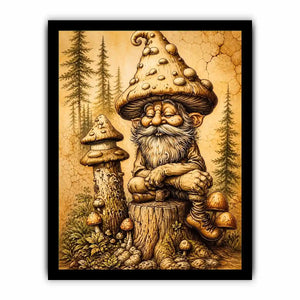 Vintage mushroom gnome illustration wall art in sepia tones with whimsical forest character and rustic cozy aesthetic