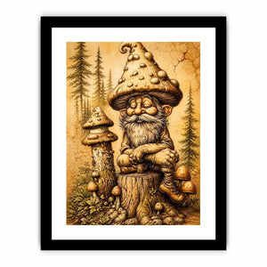 Vintage mushroom gnome illustration wall art in sepia tones with whimsical forest character and rustic cozy aesthetic